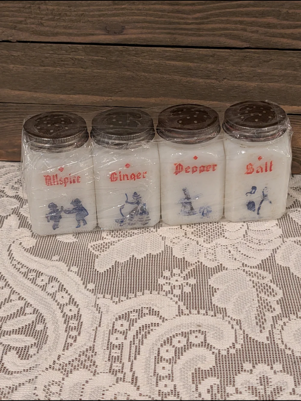 Vintage White Glass Spice Jar Set with Dutch Pattern
